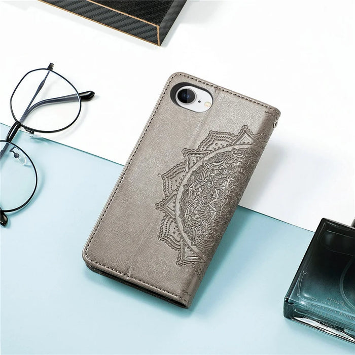 For iPhone 17e / 16e Wallet Case Mandala Flower Leather Phone Cover Stand - Grey - 6