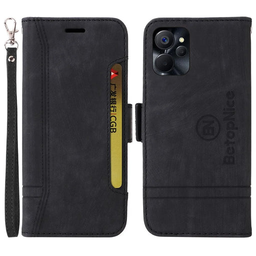 BETOPNICE 001 Anti-drop Phone Cover For Realme 9i 5G / 10 5G / V20 5G, Imprinted Stitching Line PU Leather + TPU Phone Case Stand Wallet with Strap - Black - 1