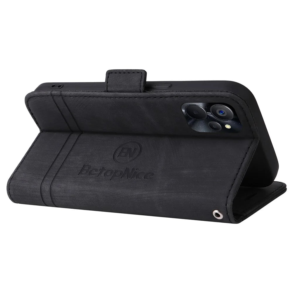 BETOPNICE 001 Anti-drop Phone Cover For Realme 9i 5G / 10 5G / V20 5G, Imprinted Stitching Line PU Leather + TPU Phone Case Stand Wallet with Strap - Black - 4