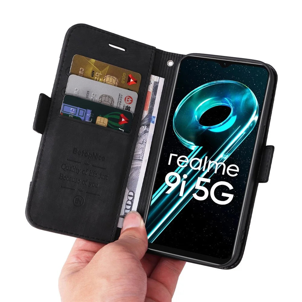 BETOPNICE 001 Anti-drop Phone Cover For Realme 9i 5G / 10 5G / V20 5G, Imprinted Stitching Line PU Leather + TPU Phone Case Stand Wallet with Strap - Black - 5
