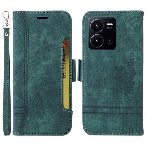 BETOPNICE 001 For vivo Y35 4G (2022) / Y22 4G / Y22s 4G Imprinted Stitching Line PU Leather Case Phone Stand Wallet Cover with Strap - Green - 1