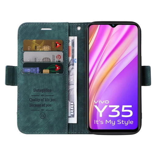 BETOPNICE 001 For vivo Y35 4G (2022) / Y22 4G / Y22s 4G Imprinted Stitching Line PU Leather Case Phone Stand Wallet Cover with Strap - Green - 2