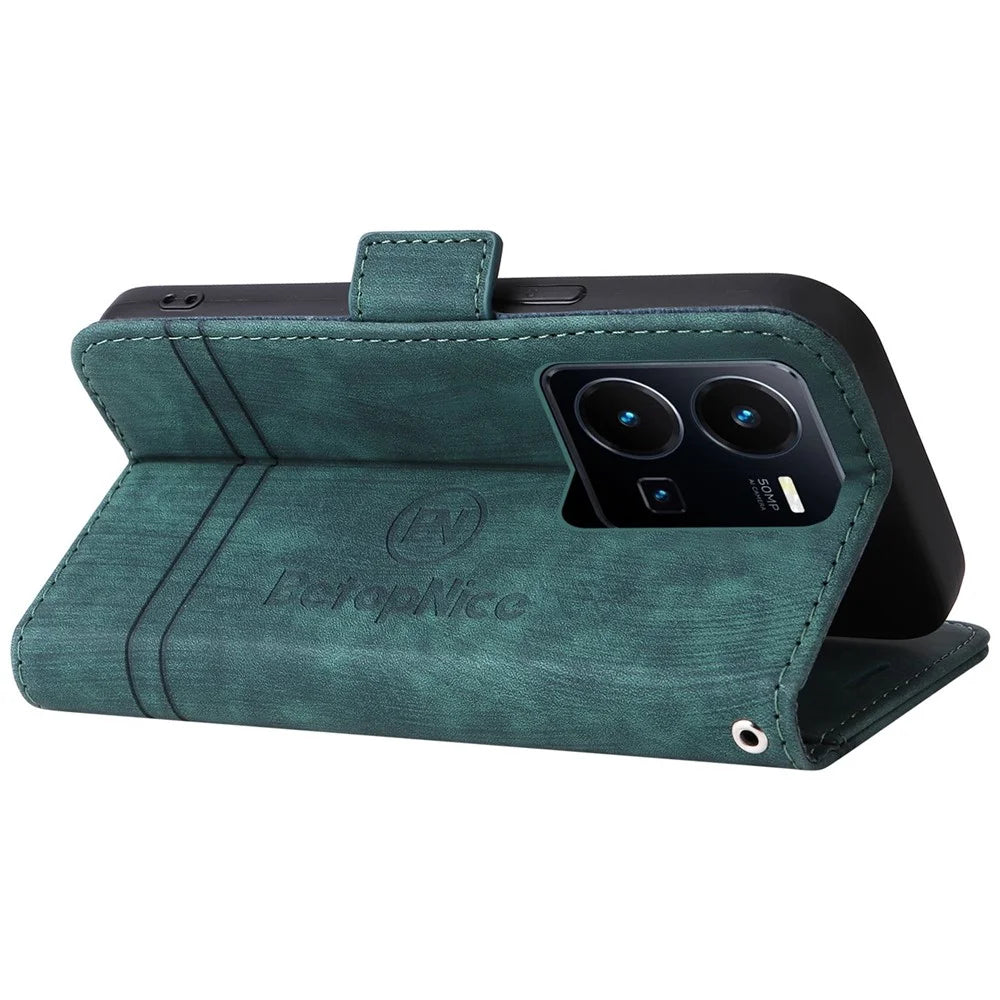 BETOPNICE 001 For vivo Y35 4G (2022) / Y22 4G / Y22s 4G Imprinted Stitching Line PU Leather Case Phone Stand Wallet Cover with Strap - Green - 4