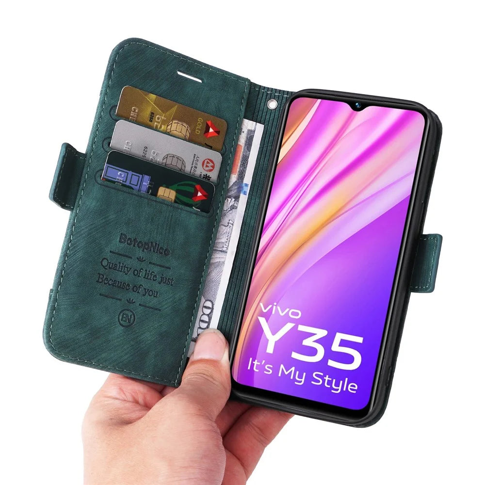 BETOPNICE 001 For vivo Y35 4G (2022) / Y22 4G / Y22s 4G Imprinted Stitching Line PU Leather Case Phone Stand Wallet Cover with Strap - Green - 5