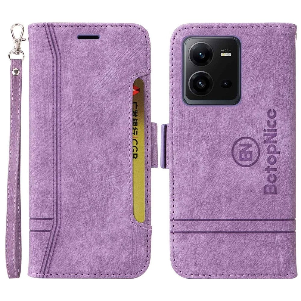 BETOPNICE 001 For vivo V25 5G / V25e 4G Imprinted Stitching Line Stand Wallet Case PU Leather Magnetic Clasp Cover with Strap - Purple - 1