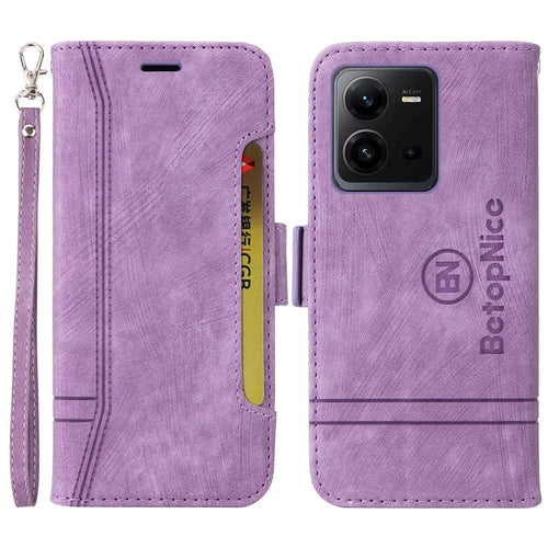 BETOPNICE 001 For vivo V25 5G / V25e 4G Imprinted Stitching Line Stand Wallet Case PU Leather Magnetic Clasp Cover with Strap - Purple - 1
