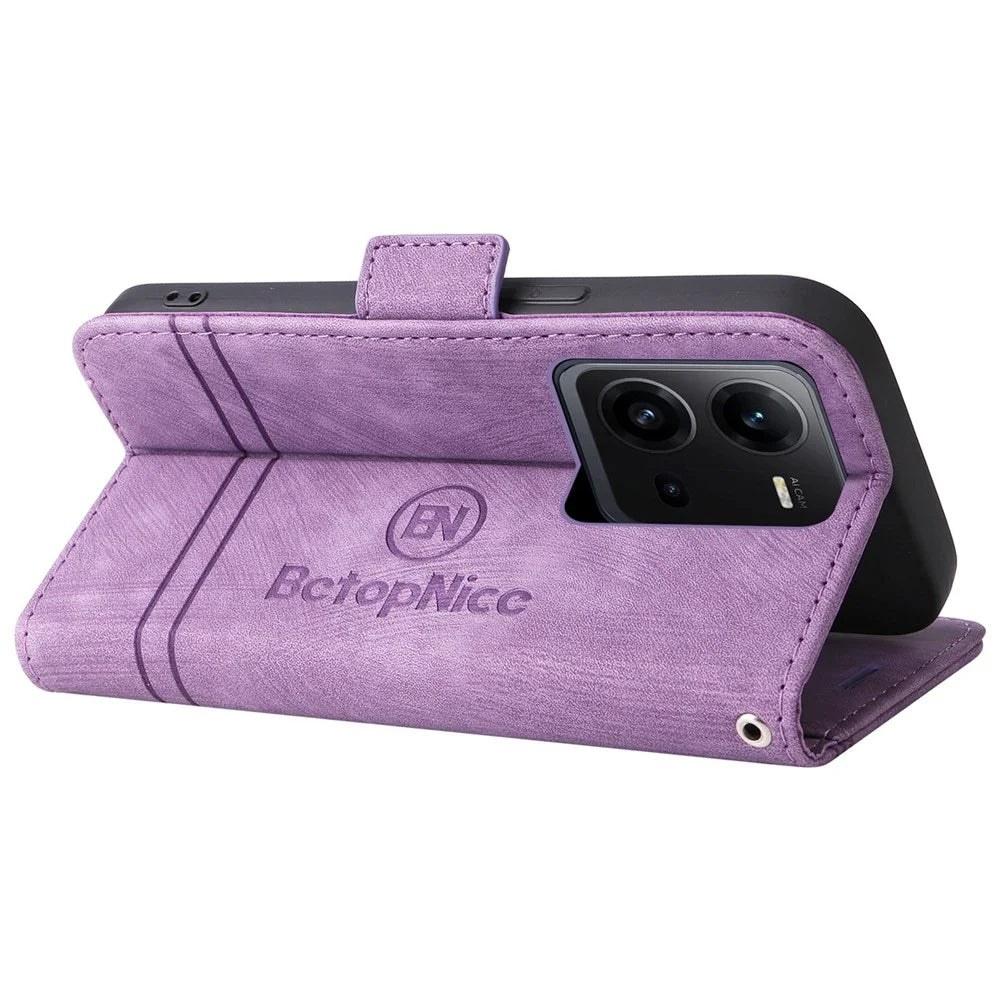 BETOPNICE 001 For vivo V25 5G / V25e 4G Imprinted Stitching Line Stand Wallet Case PU Leather Magnetic Clasp Cover with Strap - Purple - 4