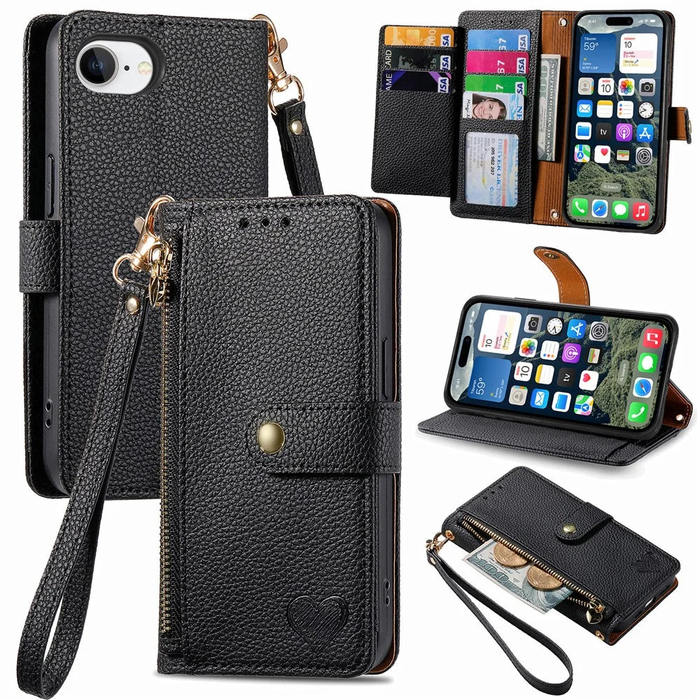 For iPhone 17e / 16e Case RFID Blocking Zipper Pocket Leather Wallet Phone Cover with Strap - Black - 1