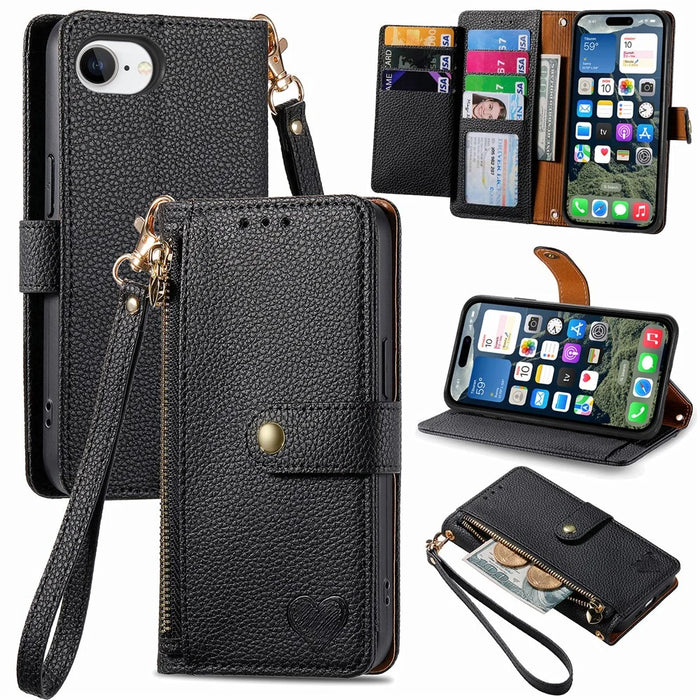 For iPhone 17e / 16e Case RFID Blocking Zipper Pocket Leather Wallet Phone Cover with Strap - Black - 1