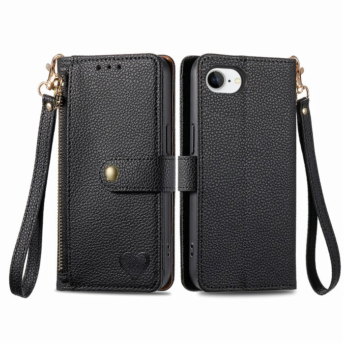 For iPhone 17e / 16e Case RFID Blocking Zipper Pocket Leather Wallet Phone Cover with Strap - Black - 2