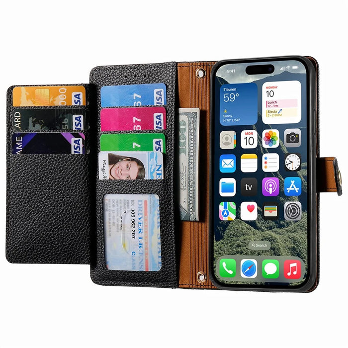 For iPhone 17e / 16e Case RFID Blocking Zipper Pocket Leather Wallet Phone Cover with Strap - Black - 3