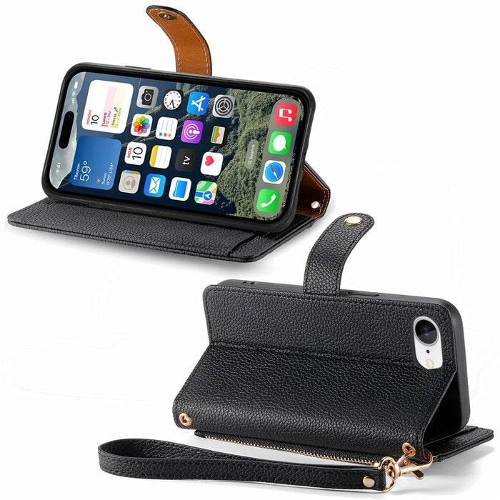 For iPhone 17e / 16e Case RFID Blocking Zipper Pocket Leather Wallet Phone Cover with Strap - Black - 4