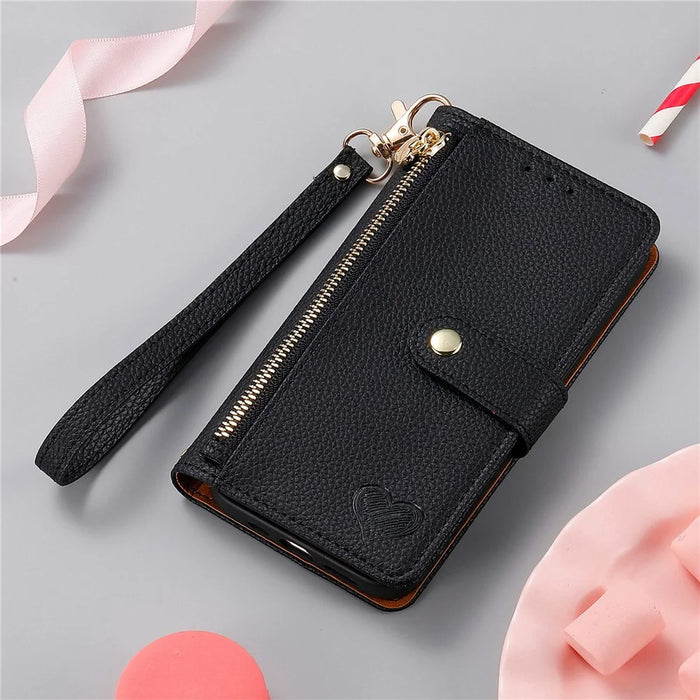 For iPhone 17e / 16e Case RFID Blocking Zipper Pocket Leather Wallet Phone Cover with Strap - Black - 5