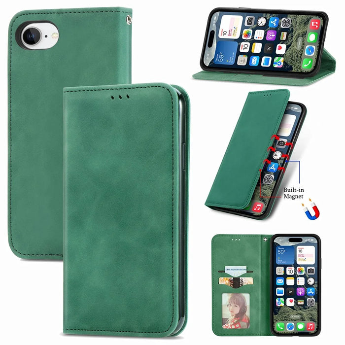 For iPhone 17e / 16e Leather Case with Card Holder Magnetic Absorption Phone Cover - Green - 1