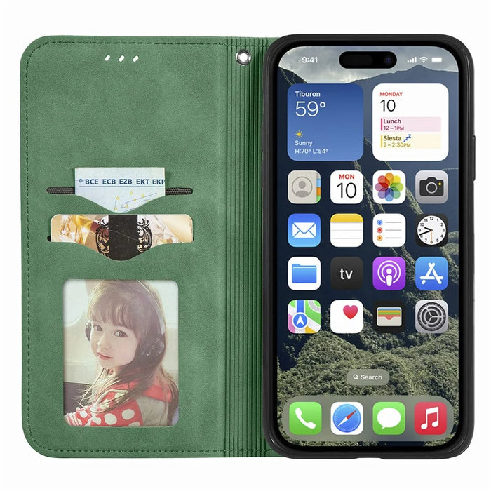 For iPhone 17e / 16e Leather Case with Card Holder Magnetic Absorption Phone Cover - Green - 5