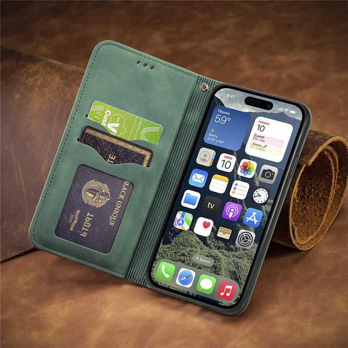 For iPhone 17e / 16e Leather Case with Card Holder Magnetic Absorption Phone Cover - Green - 7