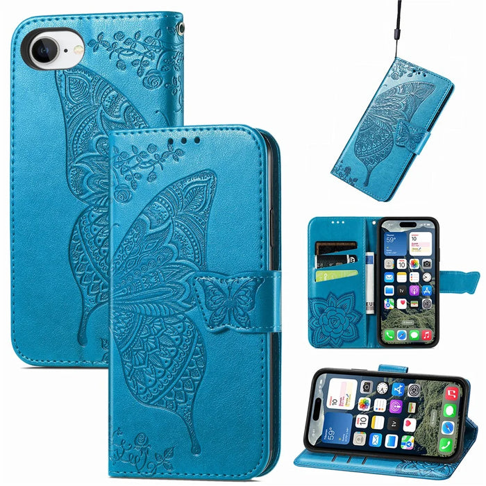For iPhone 17e / 16e Case with Strap Butterfly Pattern PU Leather Wallet Phone Cover - Blue - 1