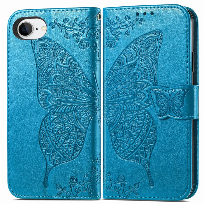 For iPhone 17e / 16e Case with Strap Butterfly Pattern PU Leather Wallet Phone Cover - Blue - 2