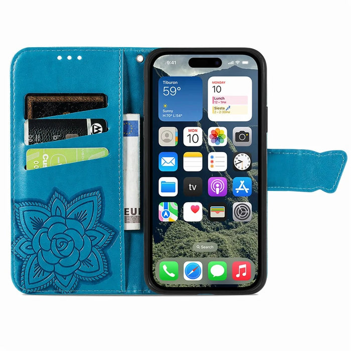 For iPhone 17e / 16e Case with Strap Butterfly Pattern PU Leather Wallet Phone Cover - Blue - 3
