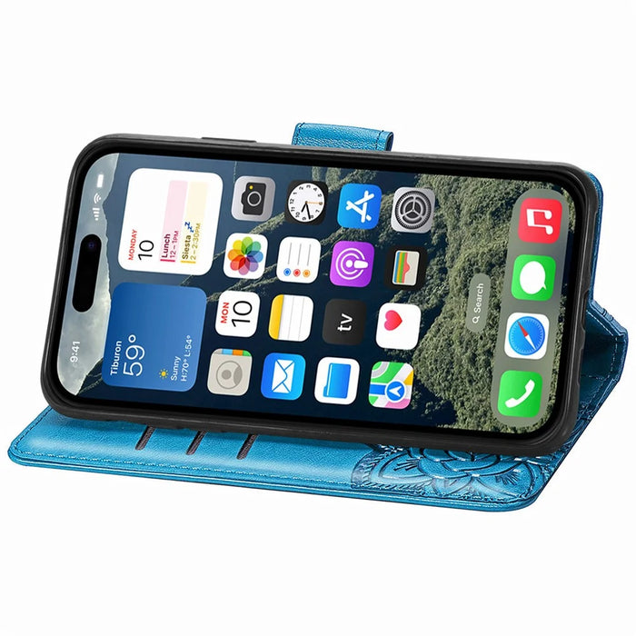 For iPhone 17e / 16e Case with Strap Butterfly Pattern PU Leather Wallet Phone Cover - Blue - 4