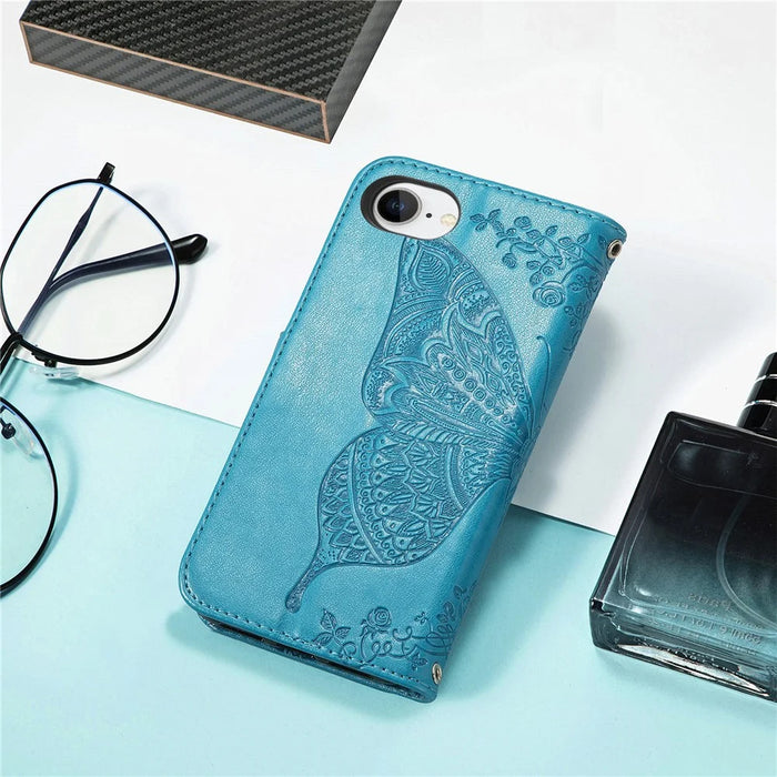 For iPhone 17e / 16e Case with Strap Butterfly Pattern PU Leather Wallet Phone Cover - Blue - 6