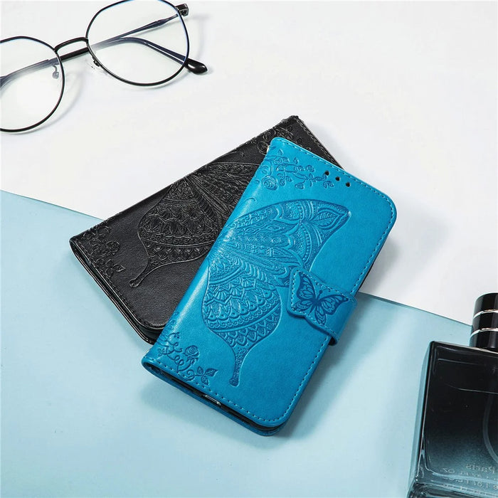 For iPhone 17e / 16e Case with Strap Butterfly Pattern PU Leather Wallet Phone Cover - Blue - 7
