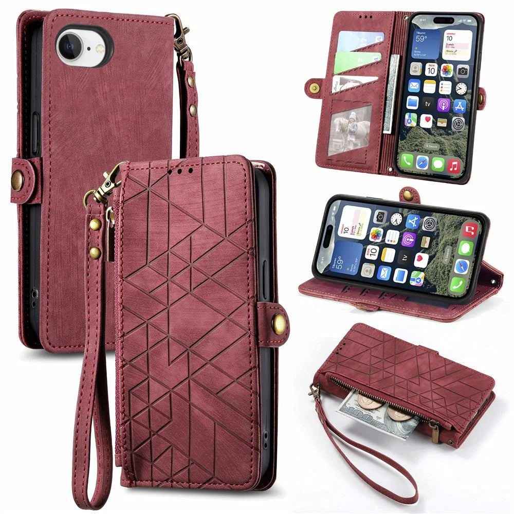 For iPhone 17e / 16e Zipper Wallet Case Geometry Lines Leather Phone Cover with Strap - Red - 1