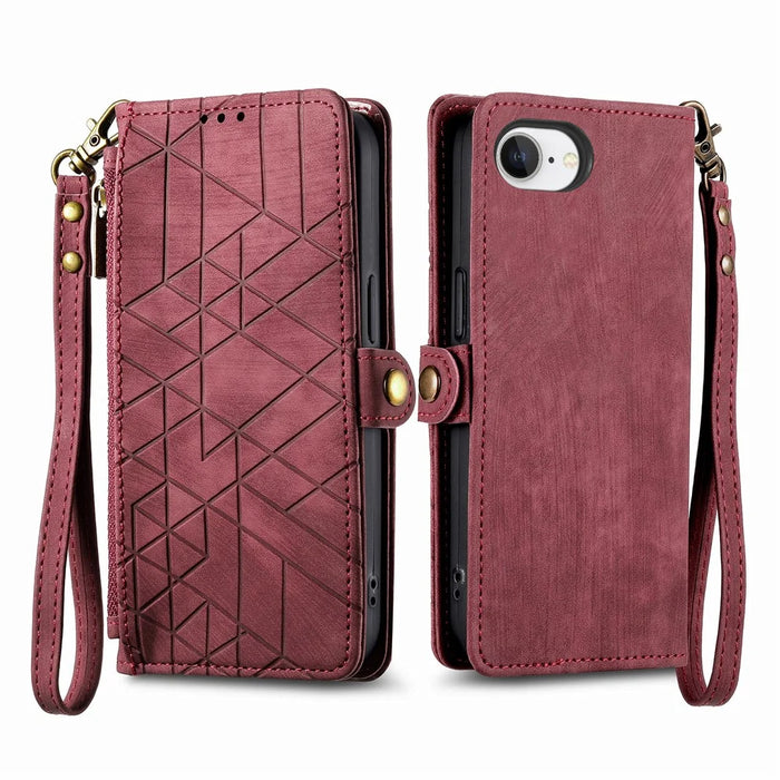 For iPhone 17e / 16e Zipper Wallet Case Geometry Lines Leather Phone Cover with Strap - Red - 2