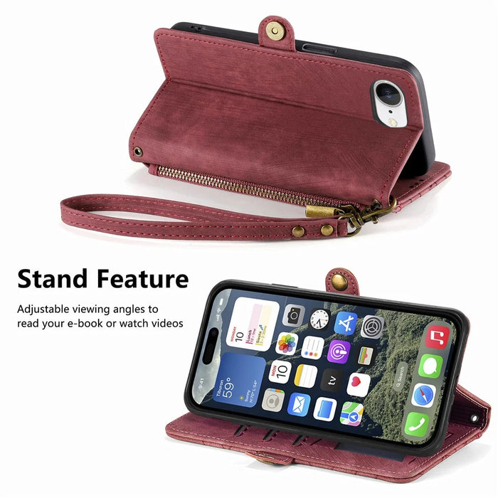 For iPhone 17e / 16e Zipper Wallet Case Geometry Lines Leather Phone Cover with Strap - Red - 4