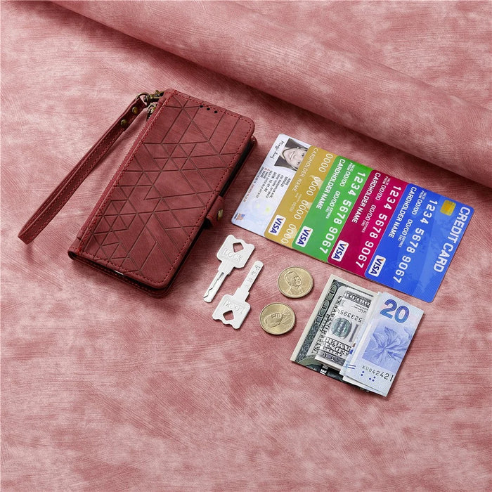 For iPhone 17e / 16e Zipper Wallet Case Geometry Lines Leather Phone Cover with Strap - Red - 5