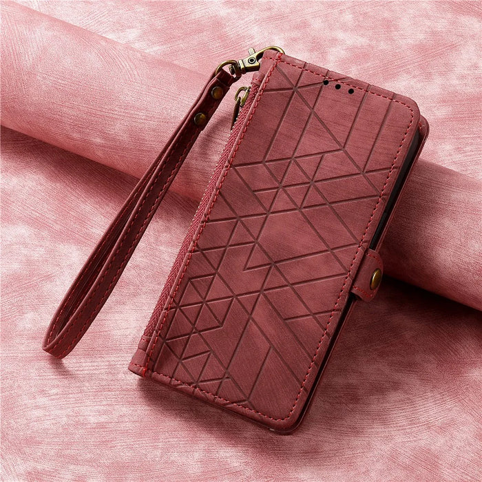 For iPhone 17e / 16e Zipper Wallet Case Geometry Lines Leather Phone Cover with Strap - Red - 6