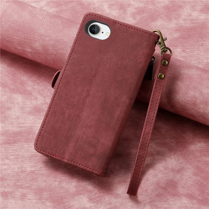 For iPhone 17e / 16e Zipper Wallet Case Geometry Lines Leather Phone Cover with Strap - Red - 7