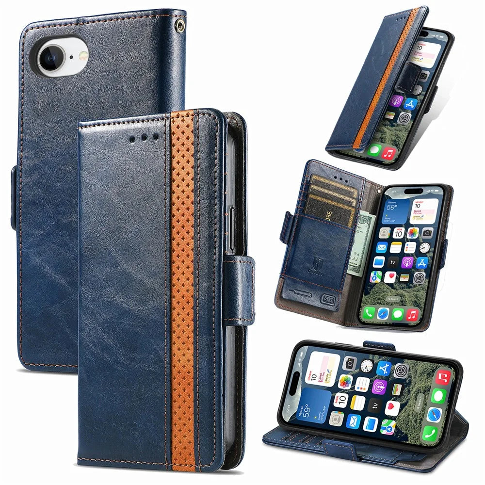 CASENEO For iPhone 17e / 16e Phone Cases  PU Leather Cover Stand with RFID Blocking Wallet - Dark Blue - 1