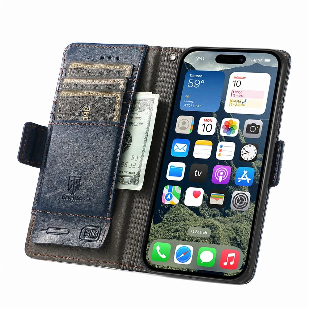CASENEO For iPhone 17e / 16e Phone Cases  PU Leather Cover Stand with RFID Blocking Wallet - Dark Blue - 3