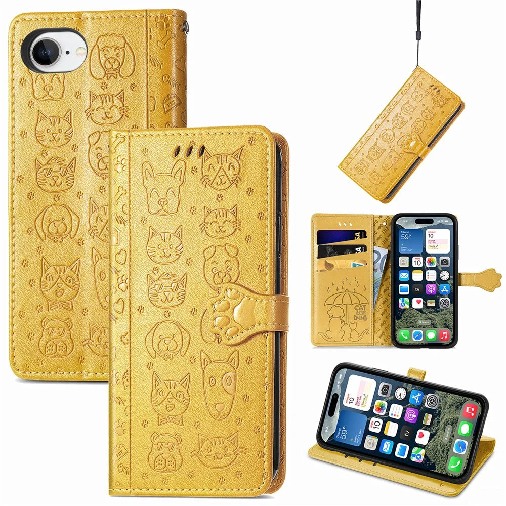 For iPhone 17e / 16e Leather Wallet Case Flip Phone Cover with Cute Cat Dog Pattern - Yellow - 1
