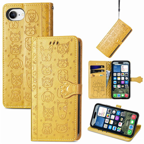 For iPhone 17e / 16e Leather Wallet Case Flip Phone Cover with Cute Cat Dog Pattern - Yellow - 1