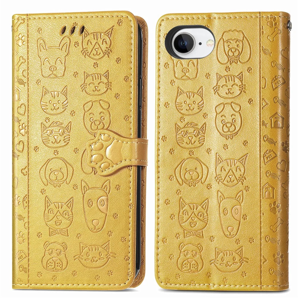 For iPhone 17e / 16e Leather Wallet Case Flip Phone Cover with Cute Cat Dog Pattern - Yellow - 2