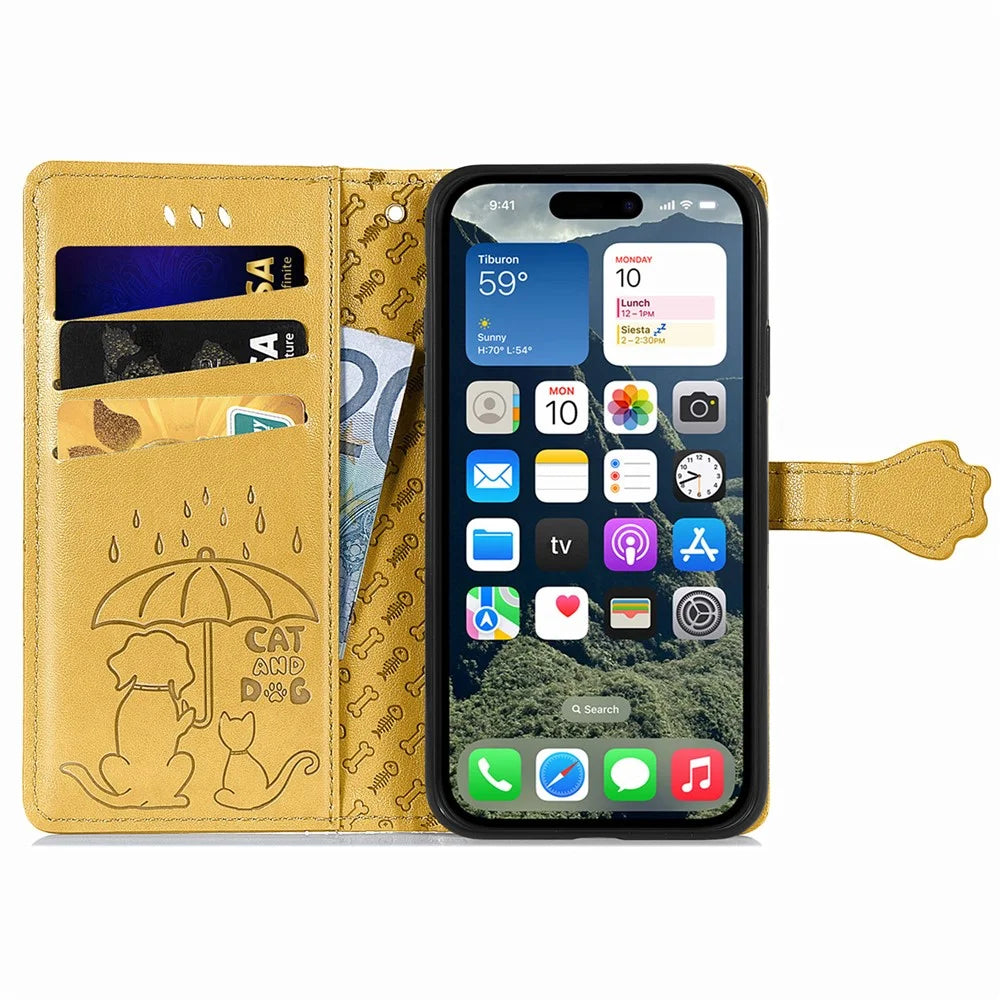 For iPhone 17e / 16e Leather Wallet Case Flip Phone Cover with Cute Cat Dog Pattern - Yellow - 3