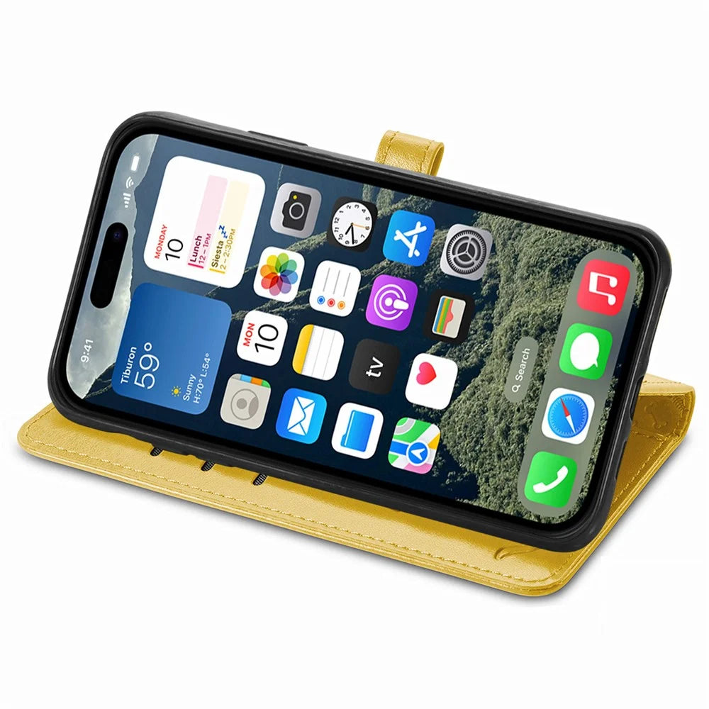 For iPhone 17e / 16e Leather Wallet Case Flip Phone Cover with Cute Cat Dog Pattern - Yellow - 4