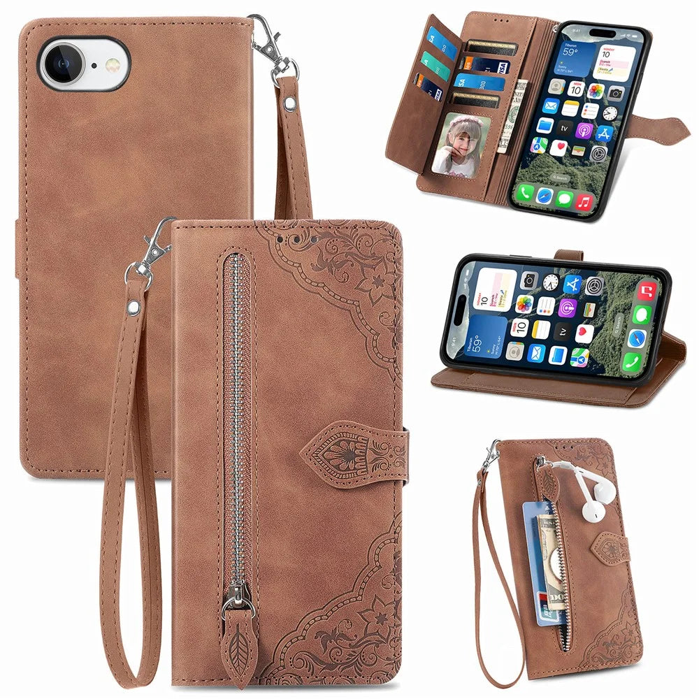 For iPhone 17e / 16e Zipper Wallet Case with Strap Flower Imprint PU Leather Phone Cover - Brown - 1
