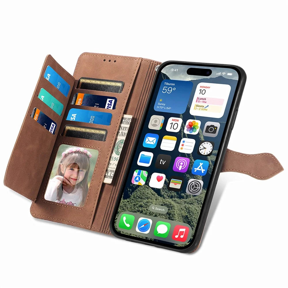 For iPhone 17e / 16e Zipper Wallet Case with Strap Flower Imprint PU Leather Phone Cover - Brown - 4