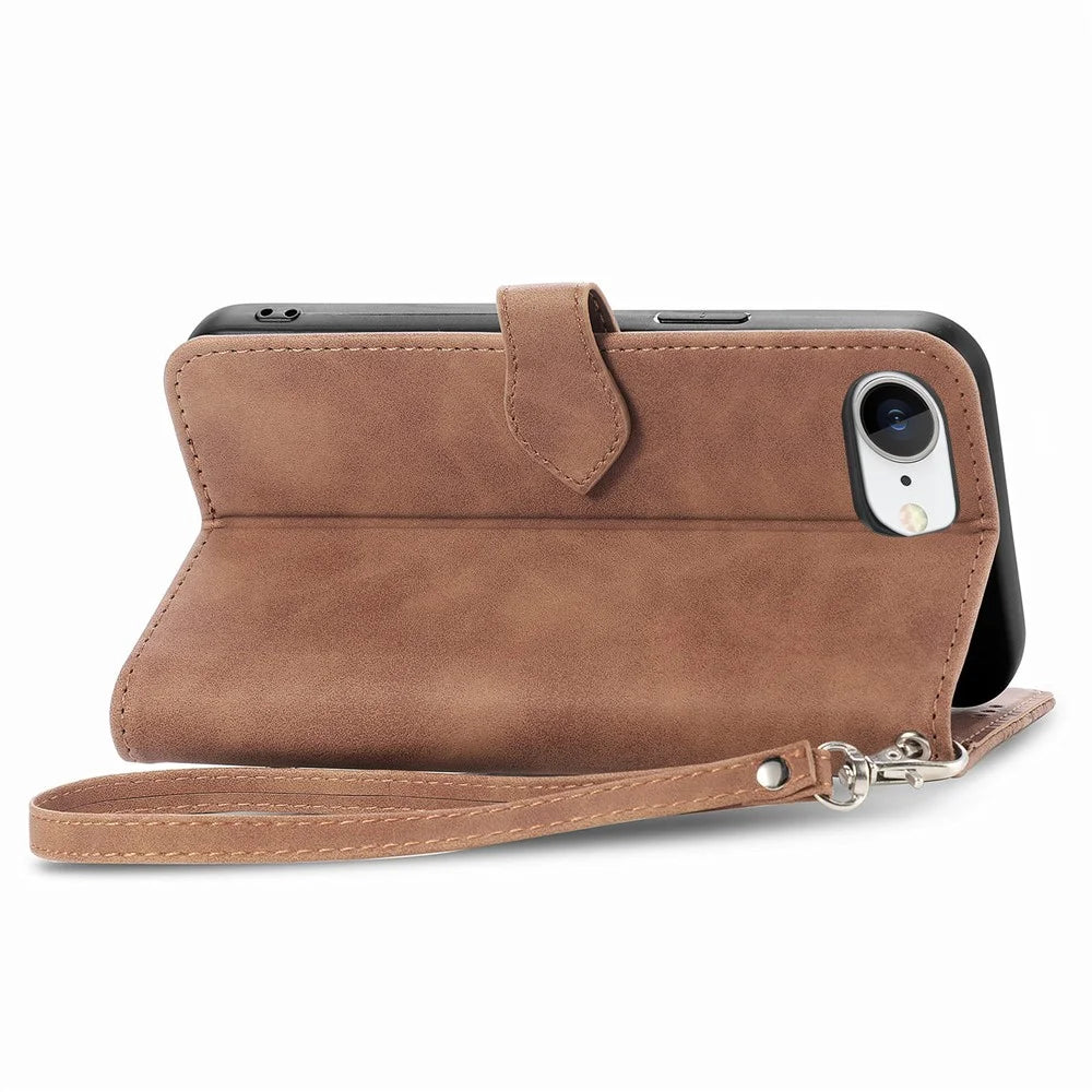 For iPhone 17e / 16e Zipper Wallet Case with Strap Flower Imprint PU Leather Phone Cover - Brown - 6
