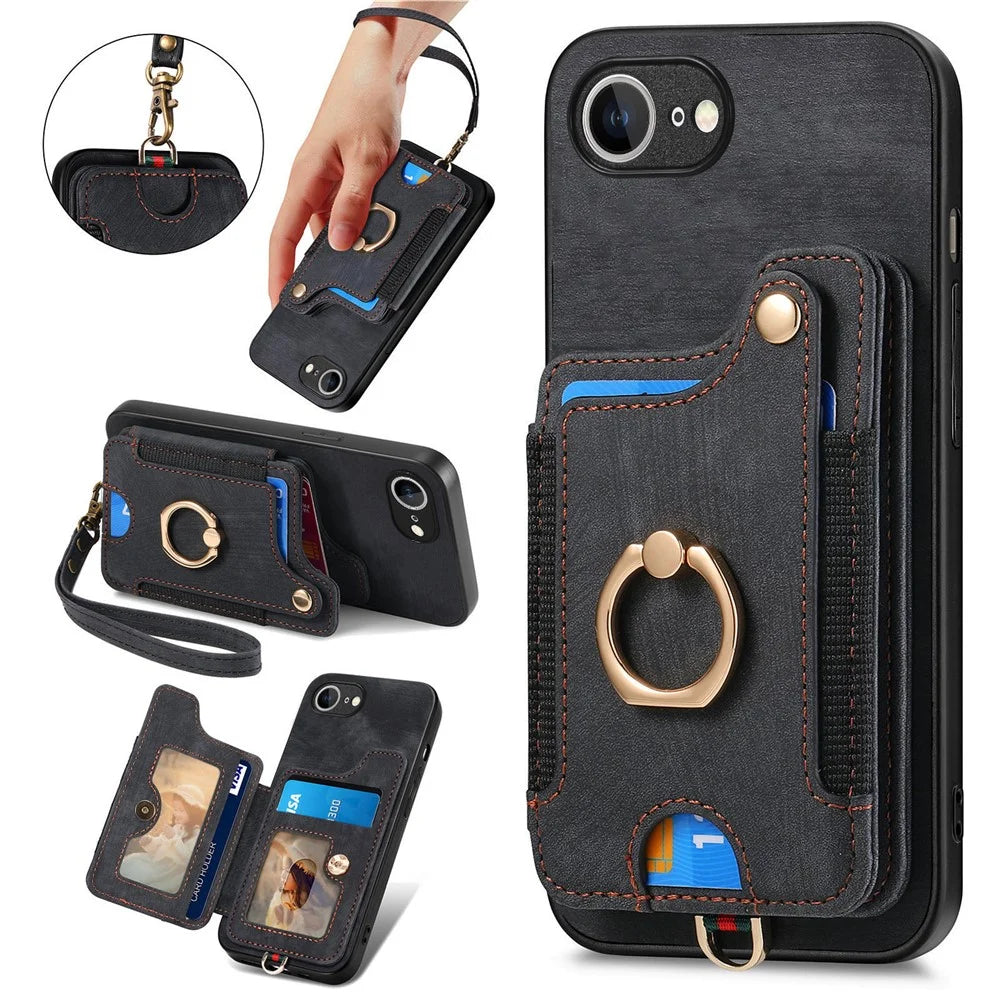 For iPhone 17e / 16e Retro PU Leather Back Cover with RFID Blocking Card Holder - Black - 1
