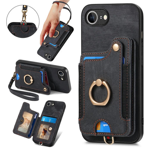 For iPhone 17e / 16e Retro PU Leather Back Cover with RFID Blocking Card Holder - Black - 1