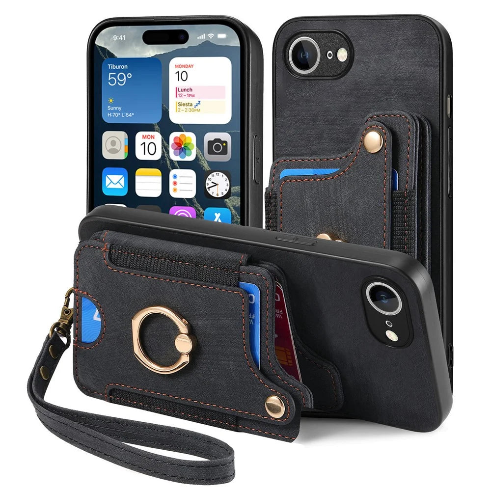 For iPhone 17e / 16e Retro PU Leather Back Cover with RFID Blocking Card Holder - Black - 2