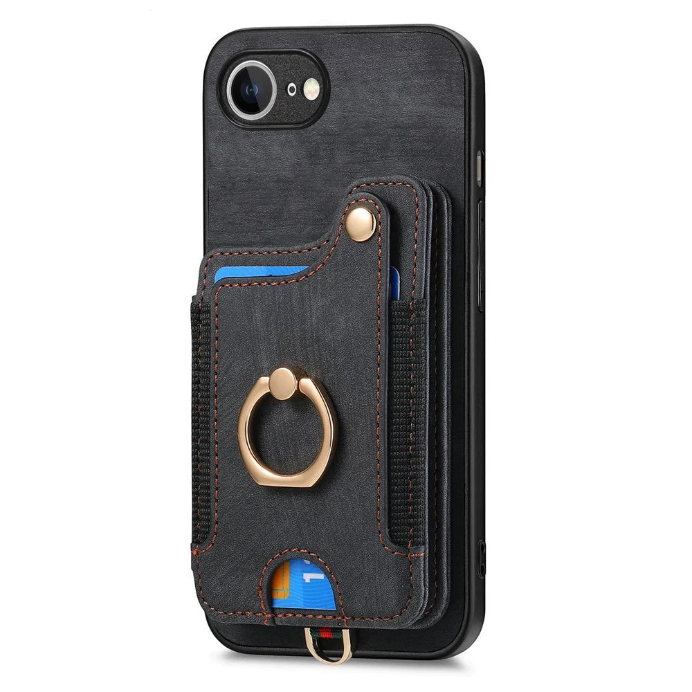 For iPhone 17e / 16e Retro PU Leather Back Cover with RFID Blocking Card Holder - Black - 3