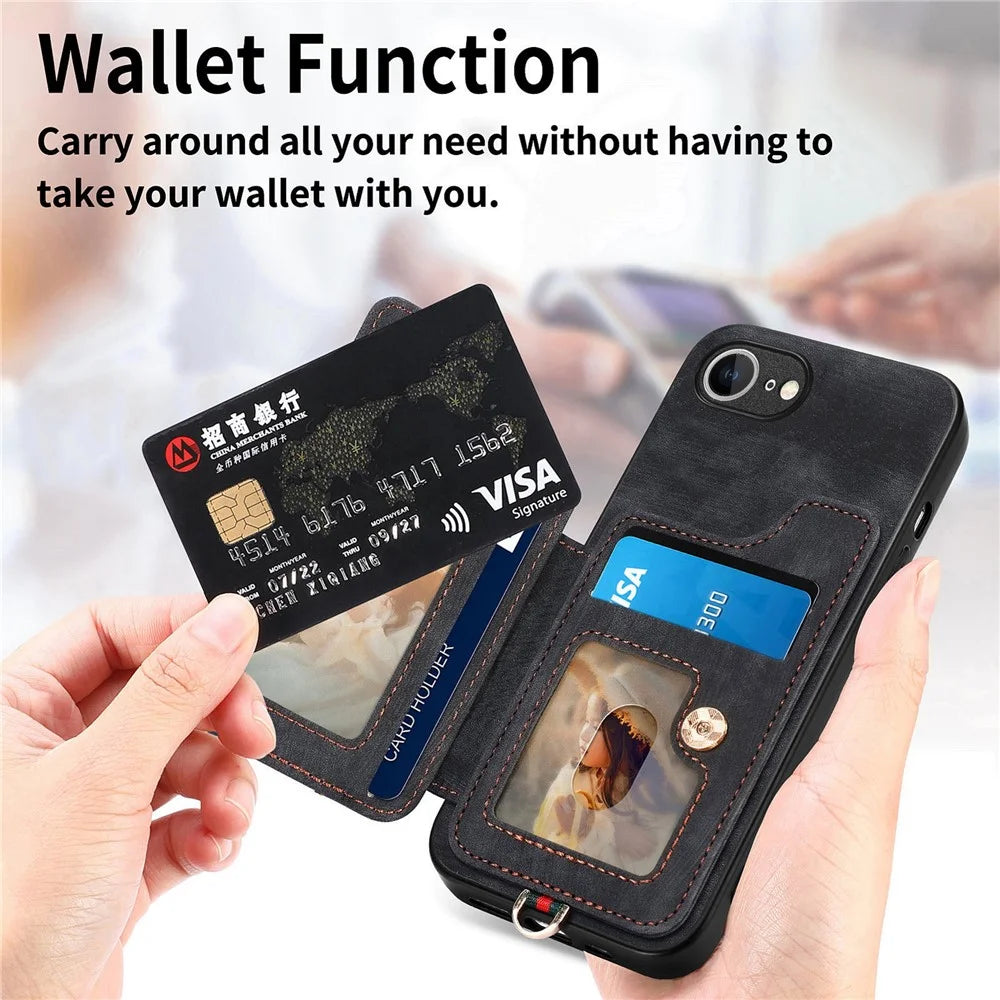 For iPhone 17e / 16e Retro PU Leather Back Cover with RFID Blocking Card Holder - Black - 4