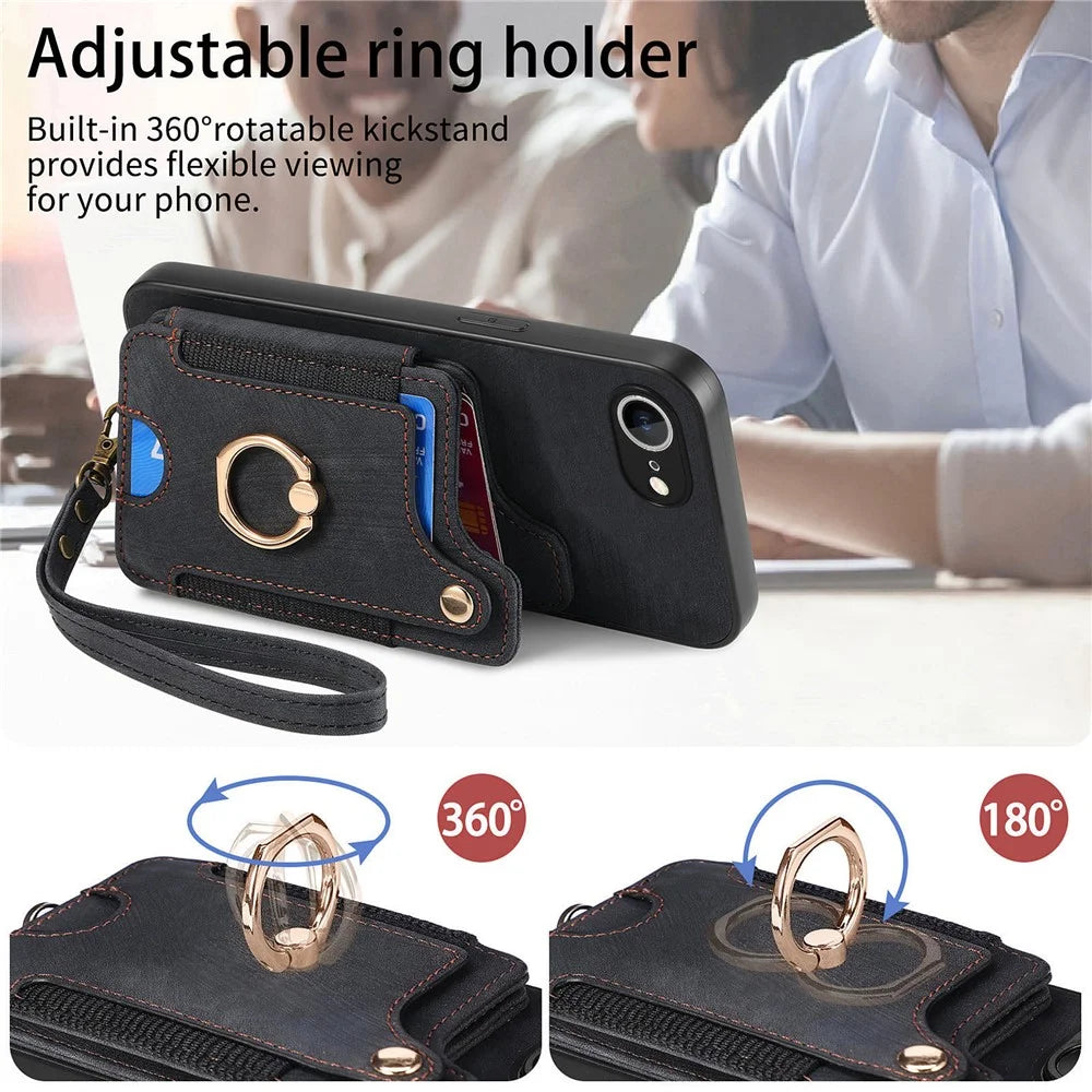 For iPhone 17e / 16e Retro PU Leather Back Cover with RFID Blocking Card Holder - Black - 5