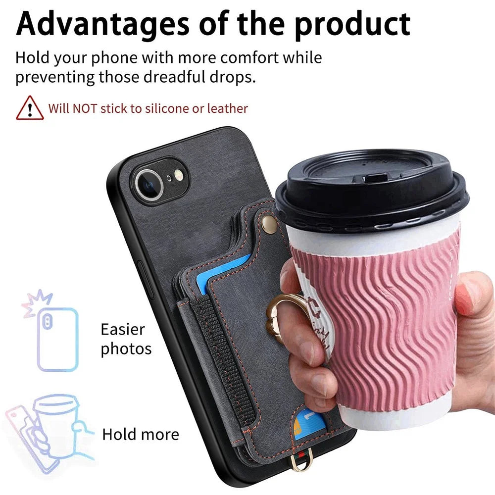 For iPhone 17e / 16e Retro PU Leather Back Cover with RFID Blocking Card Holder - Black - 6