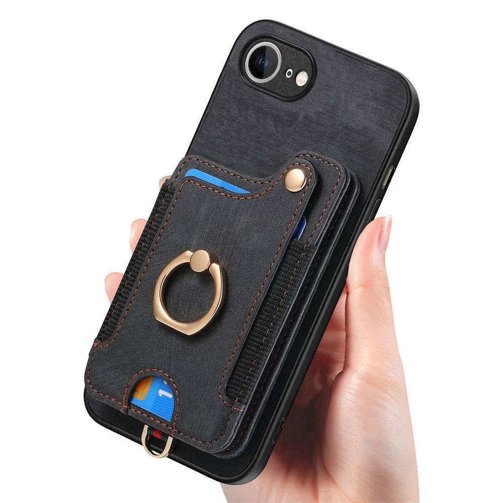 For iPhone 17e / 16e Retro PU Leather Back Cover with RFID Blocking Card Holder - Black - 7